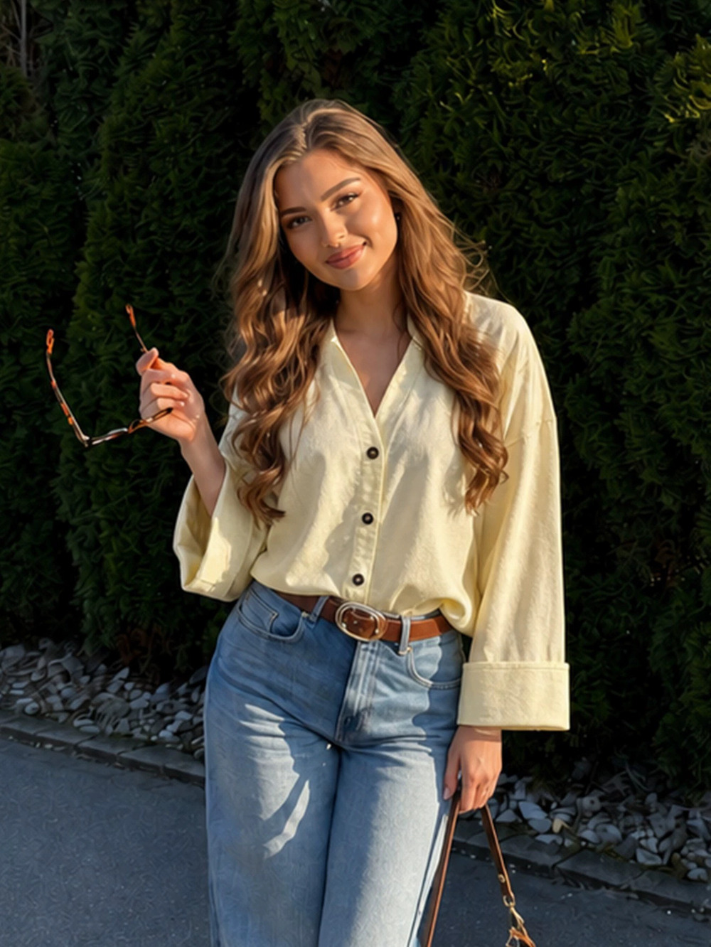 Zara Fall Winter Textured Shirt Slit Rolled Collar Long Sleeve Loose Fit